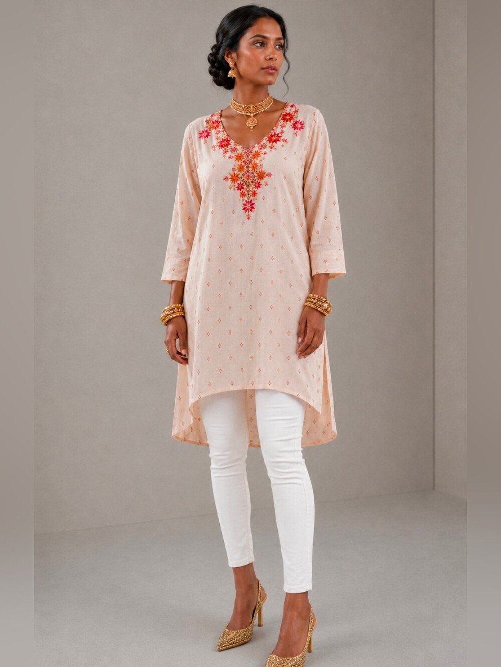 Global Desi Indian Ivory Tunic with Pink & Orange Embroidery Large NEW
